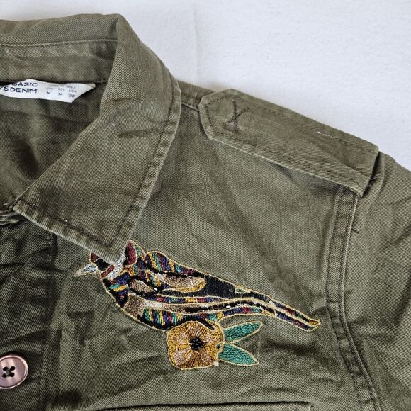 Zara Utility Embroidered Beaded Jacket Womens M Bird Flower Army Green Military - Picture 14 of 14
